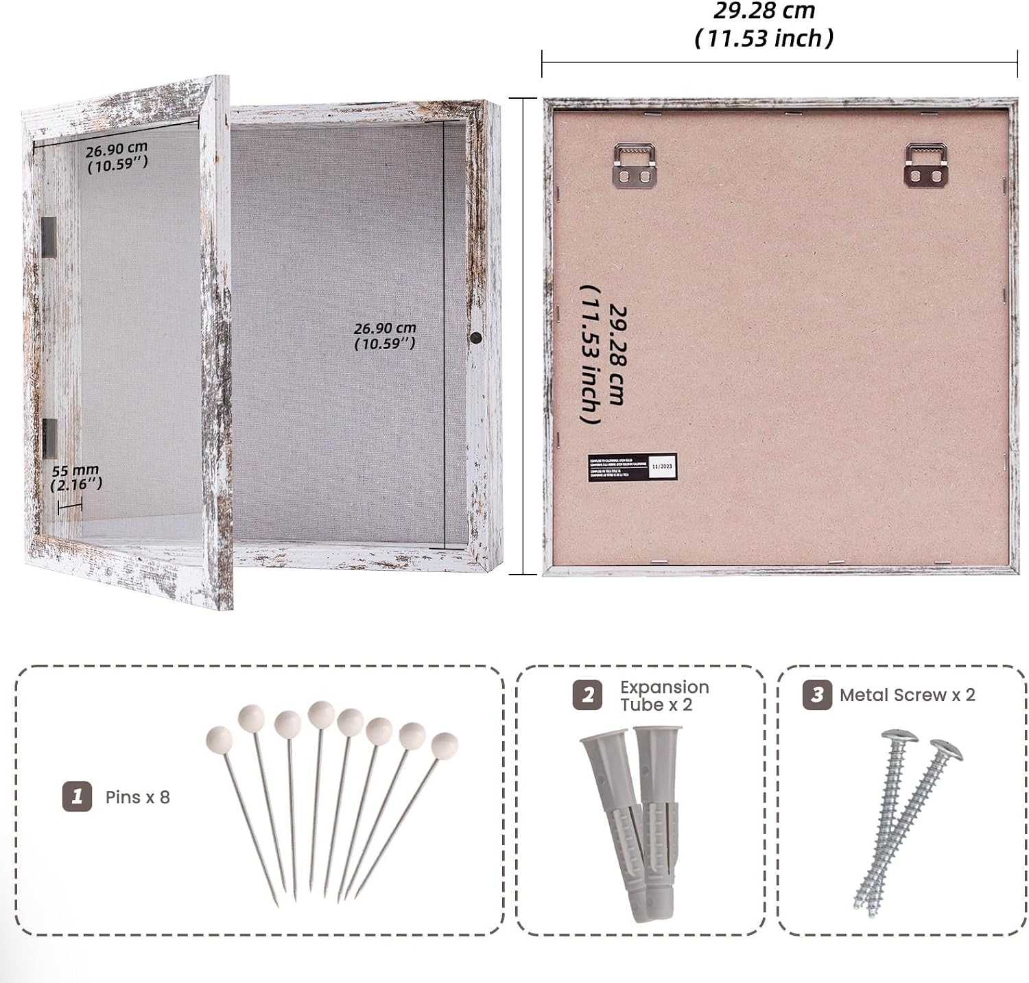Muzilife 11x11 Shadow Box Picture Frame, 2.16 Deep, Real Glass, Rustic White
