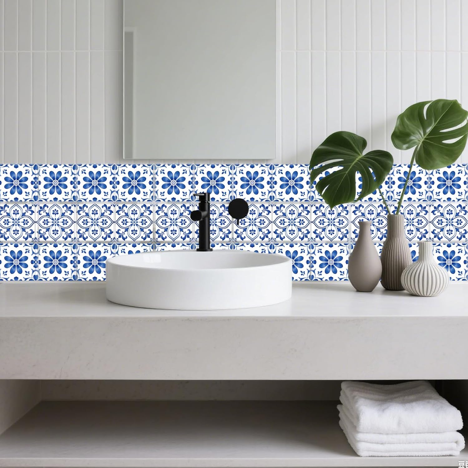 9 Style Textured Flowers Tile Stickers Relief Floral Peel and Stick / Blue and White / Set of 36