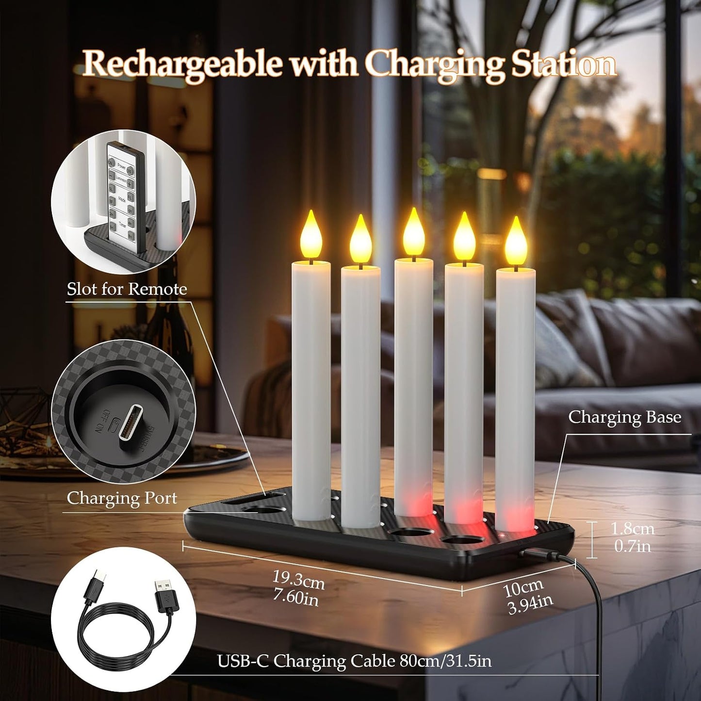 PChero Rechargeable Flameless Taper Candles with Charging Station, 10 Pack | 0.78*6.7, 200H+ Runtime, LED Candles