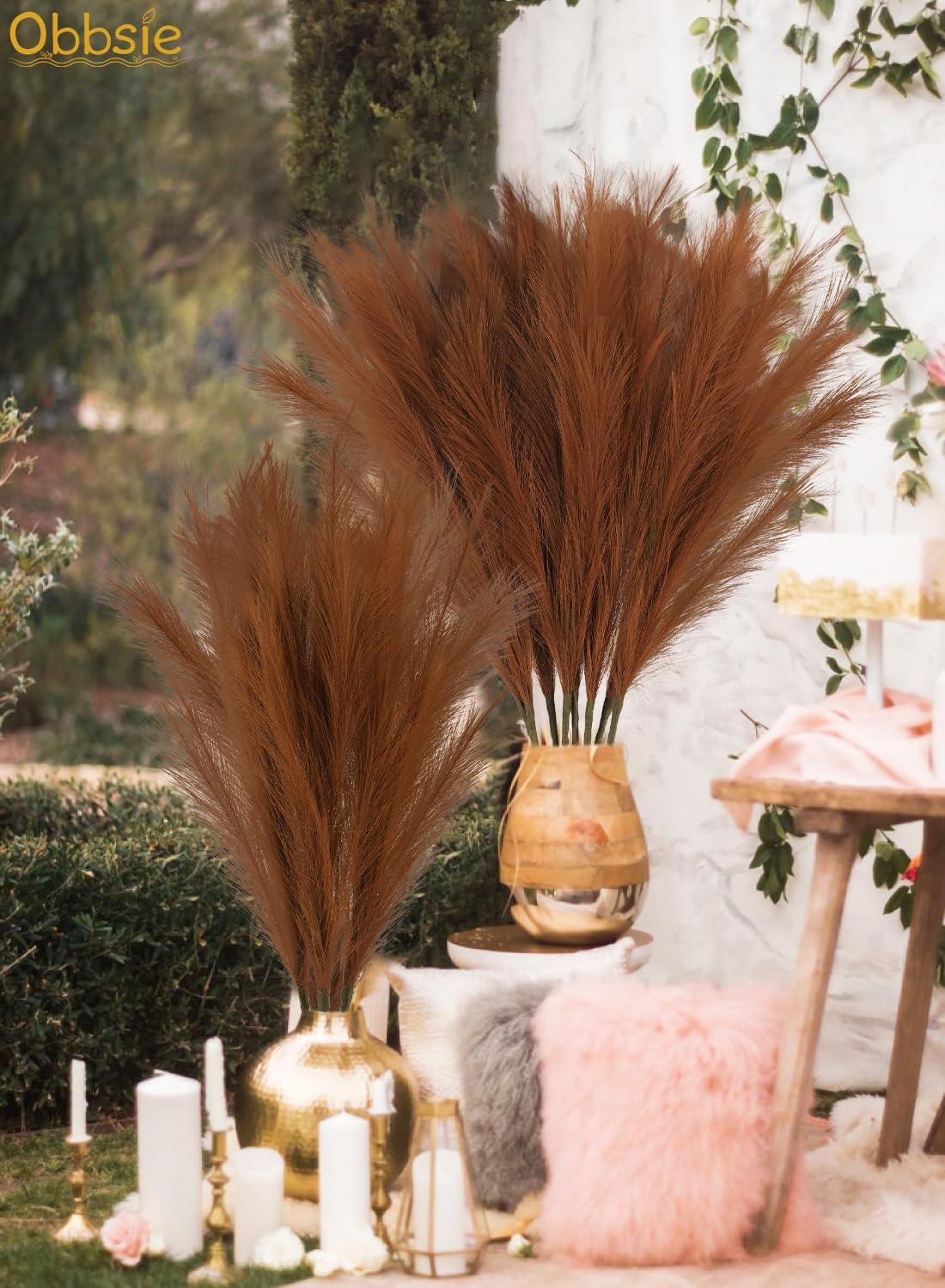Large Tall Fluffy Artificial Pompous Grass Branches Floral Fake Pompas / Brown / Set of 8