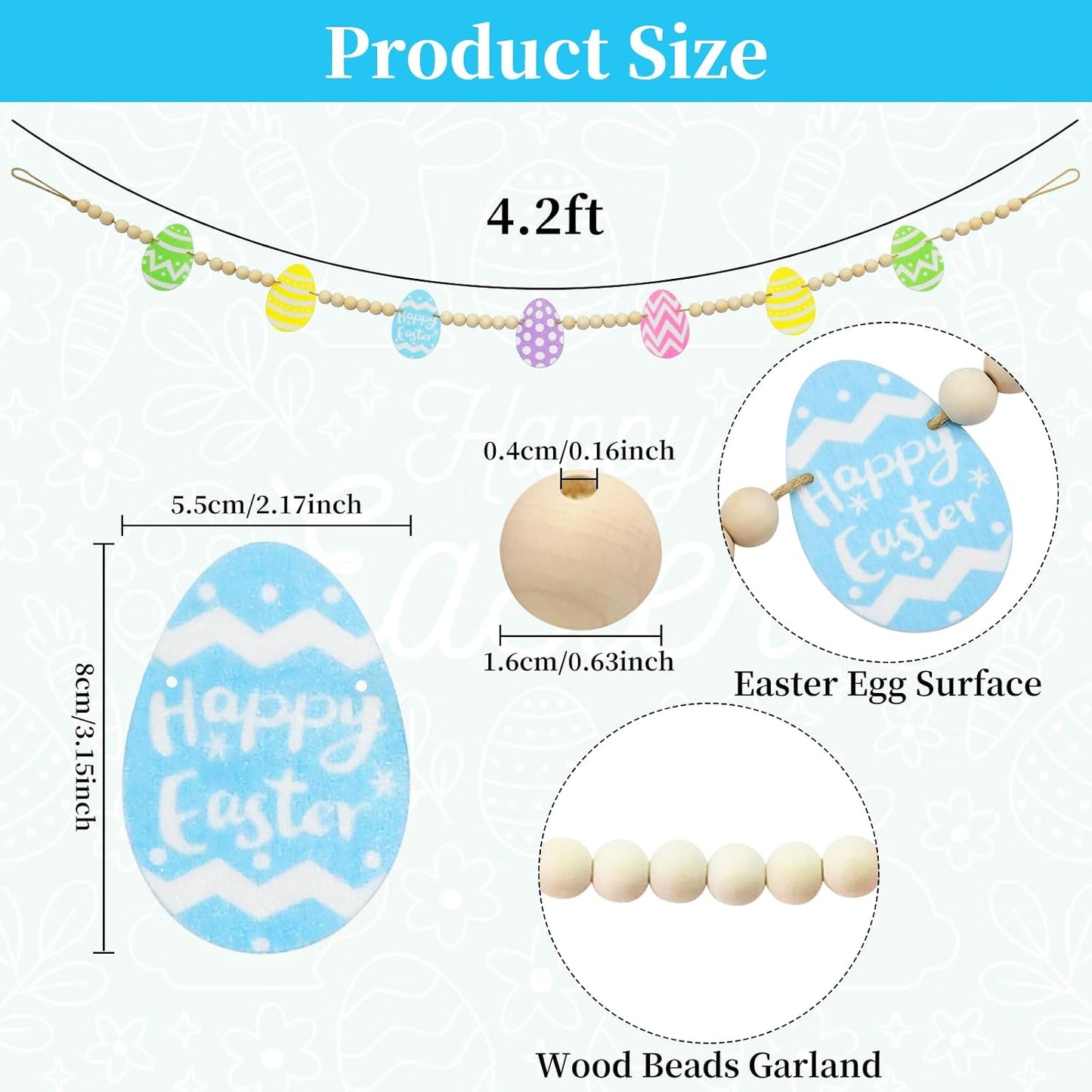 Easter Day Wooden Beads Garland / Green Yellow Blue / 4.2 ft
