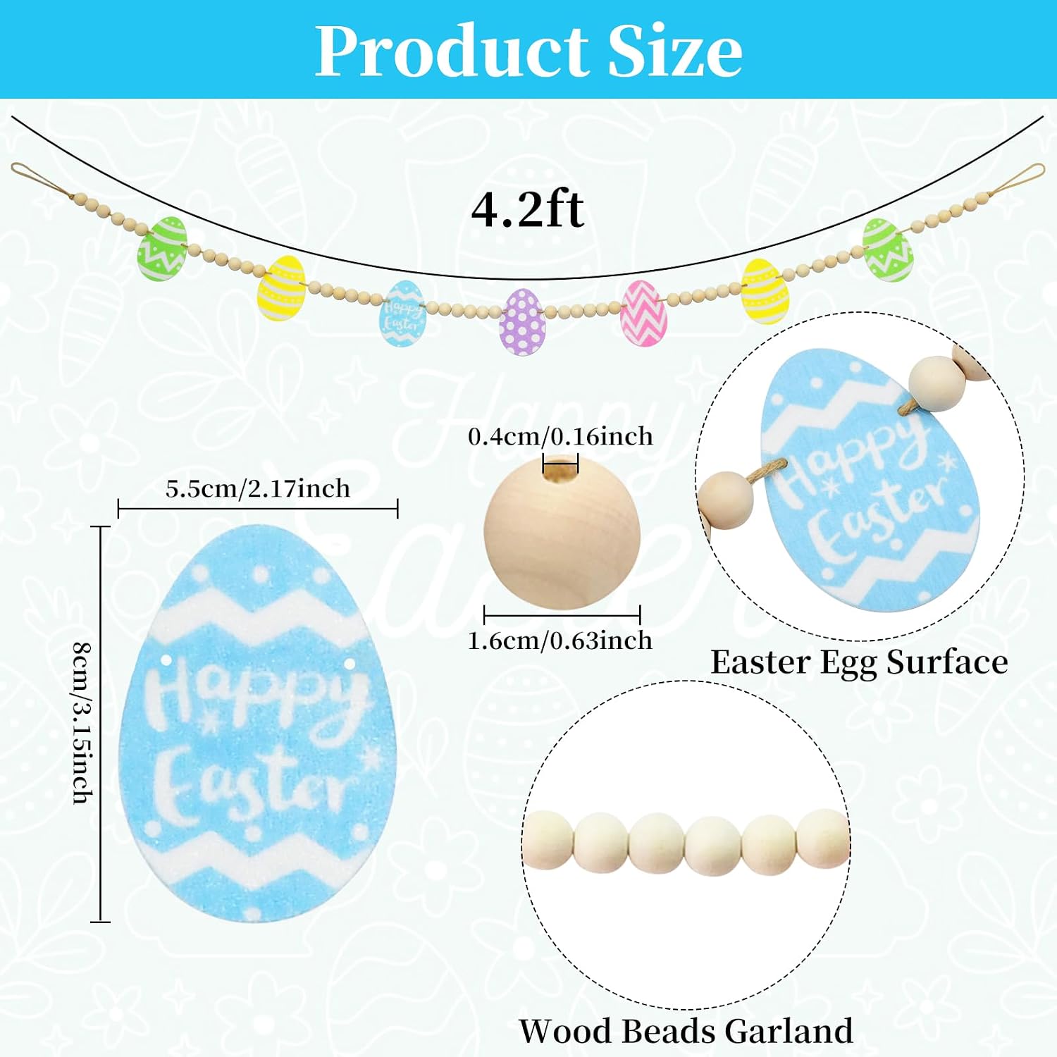 Easter Day Wooden Beads Garland / Green Yellow Blue / 4.2 ft