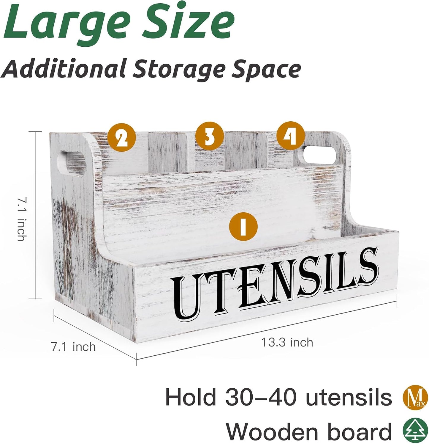 Suli Extra Large Kitchen Utensils Holder, 2 Tier, 4 Compartments | Wooden Utensil Organizer for Kitchen Countertop