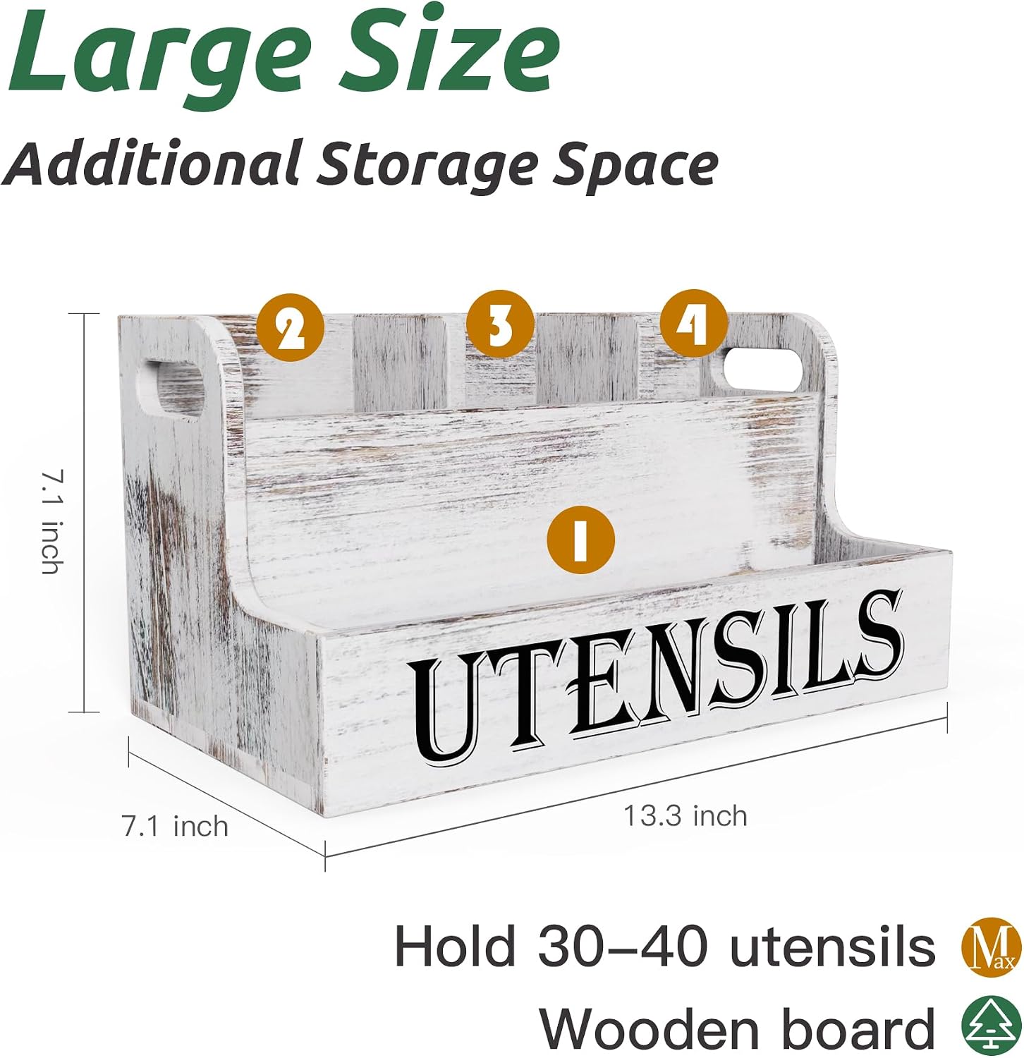 Suli Extra Large Kitchen Utensils Holder, 2 Tier, 4 Compartments | Wooden Utensil Organizer for Kitchen Countertop