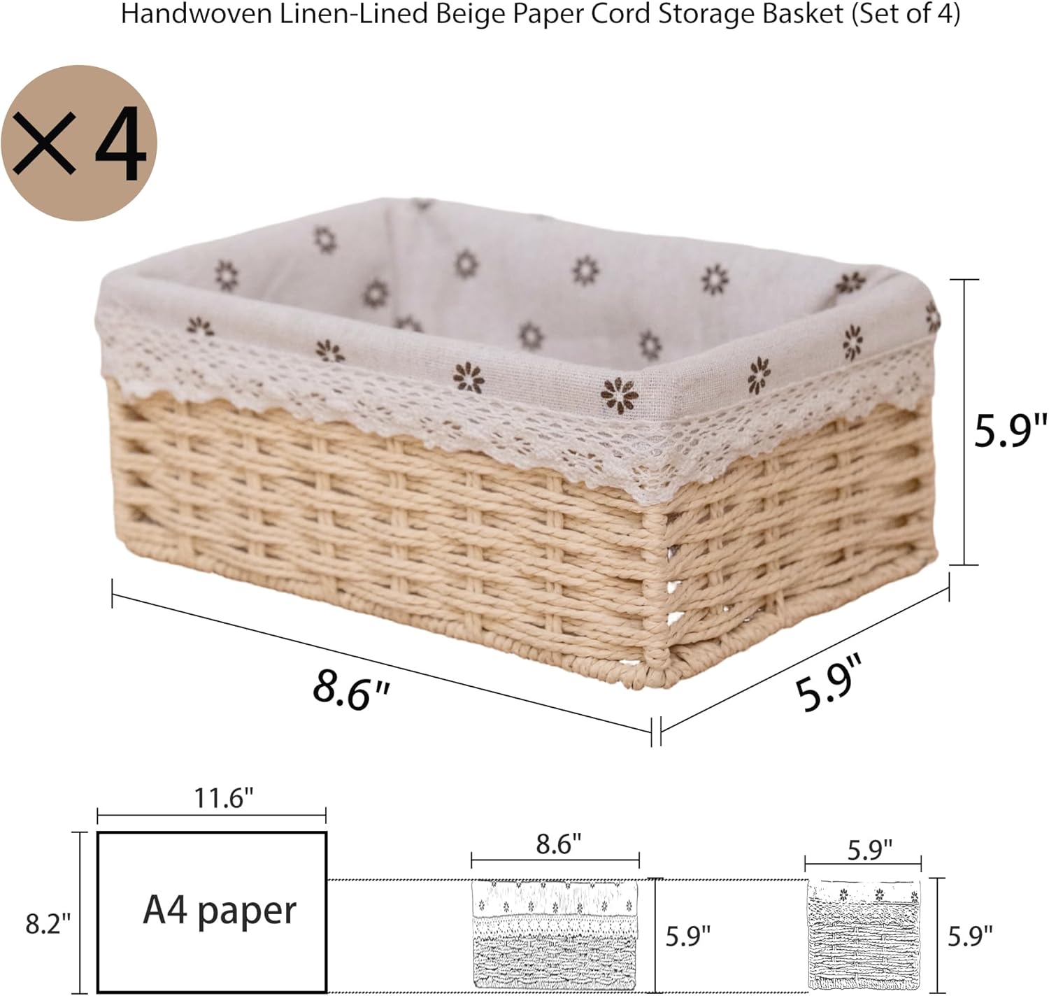 Handmade Woven Paper Rope Storage Baskets / Beige / Set of 4