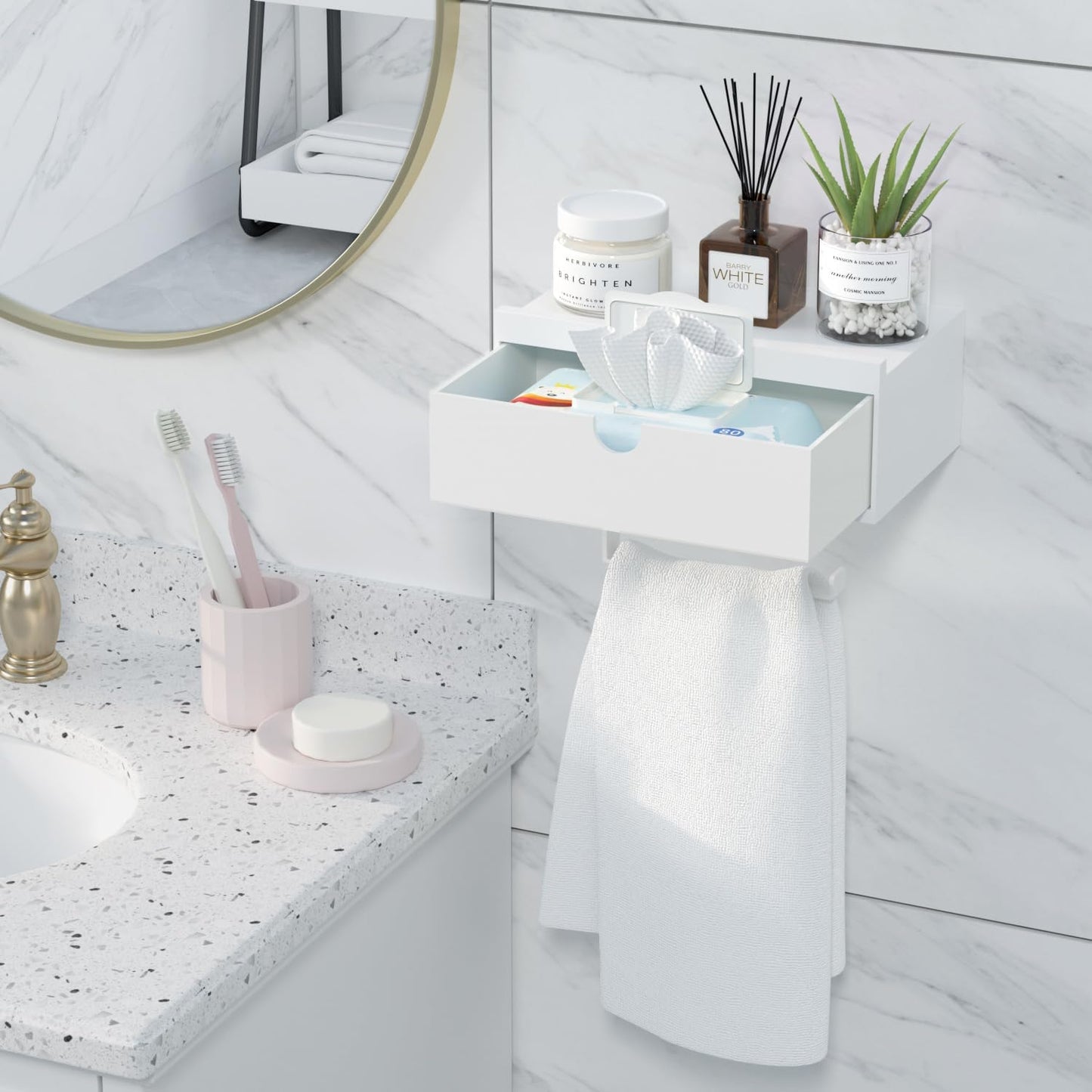 Domax White Toilet Paper Holder with Shelf,Wall Mount/Adhesive Bathroom Toilet Paper Holder,Bamboo Wood Tissue Toilet