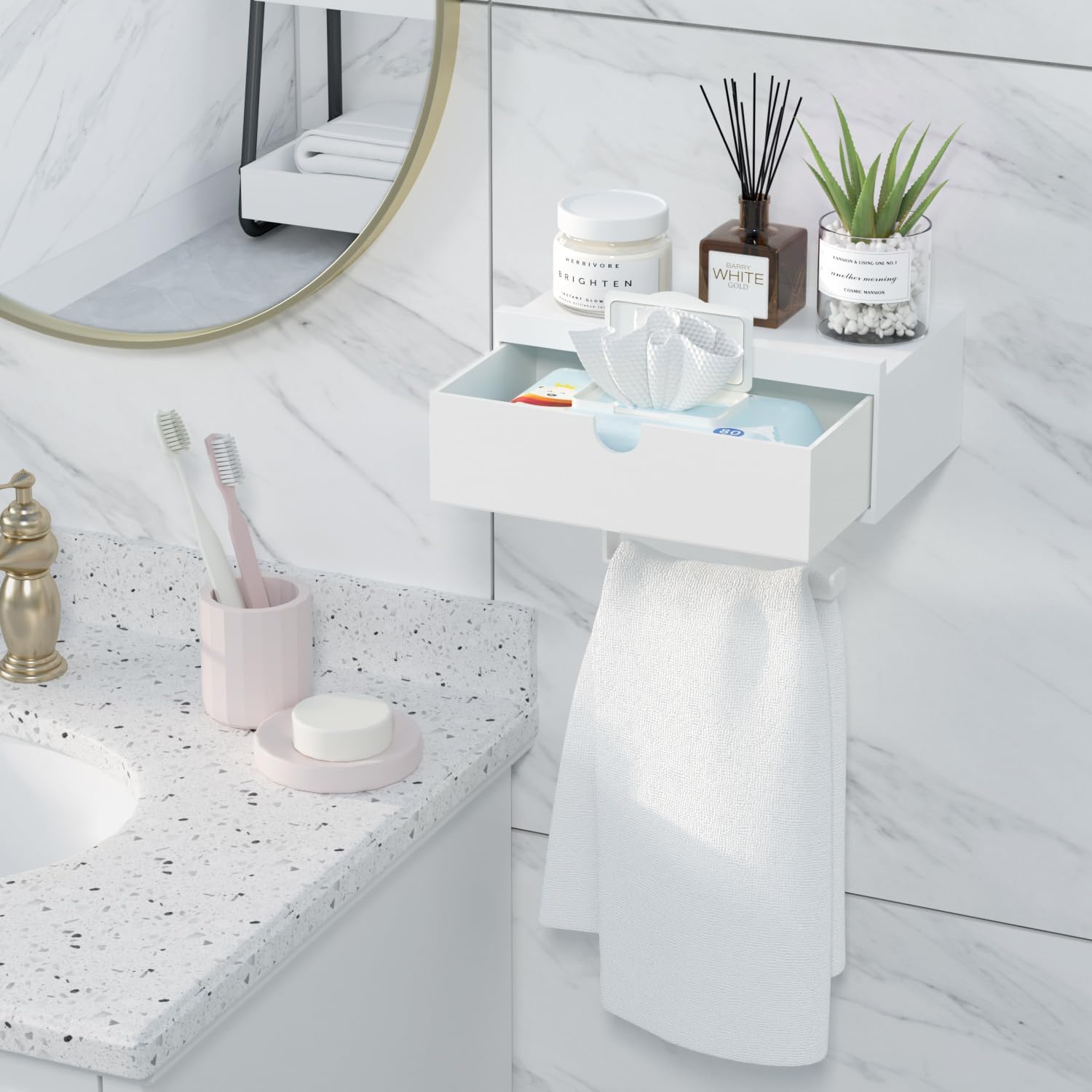 Domax White Toilet Paper Holder with Shelf,Wall Mount/Adhesive Bathroom Toilet Paper Holder,Bamboo Wood Tissue Toilet