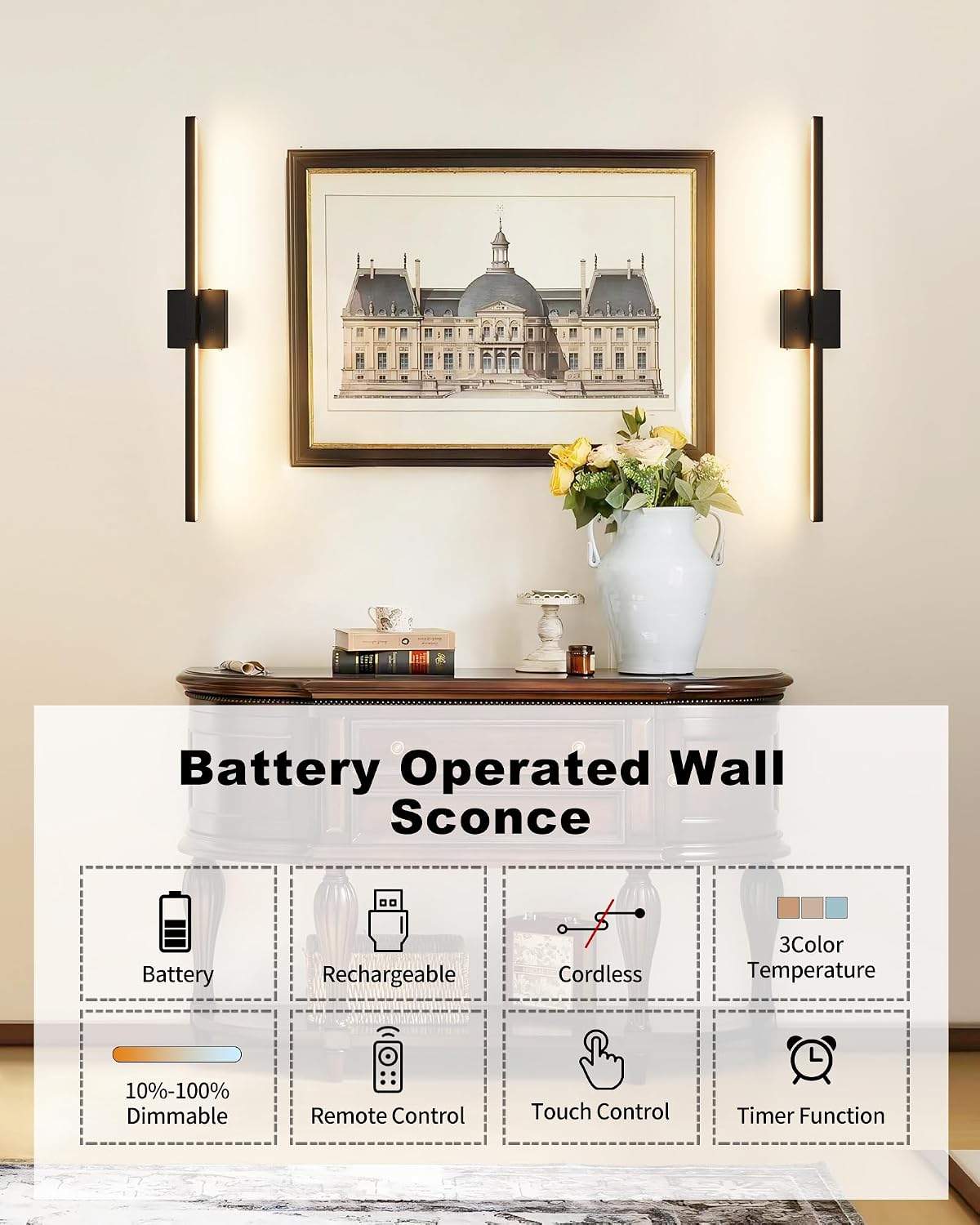 Rayogale Black Battery Operated Wall Sconce with Remote Control 8000mAh | 3000K-6000K Dimmable Wireless Rechargeable