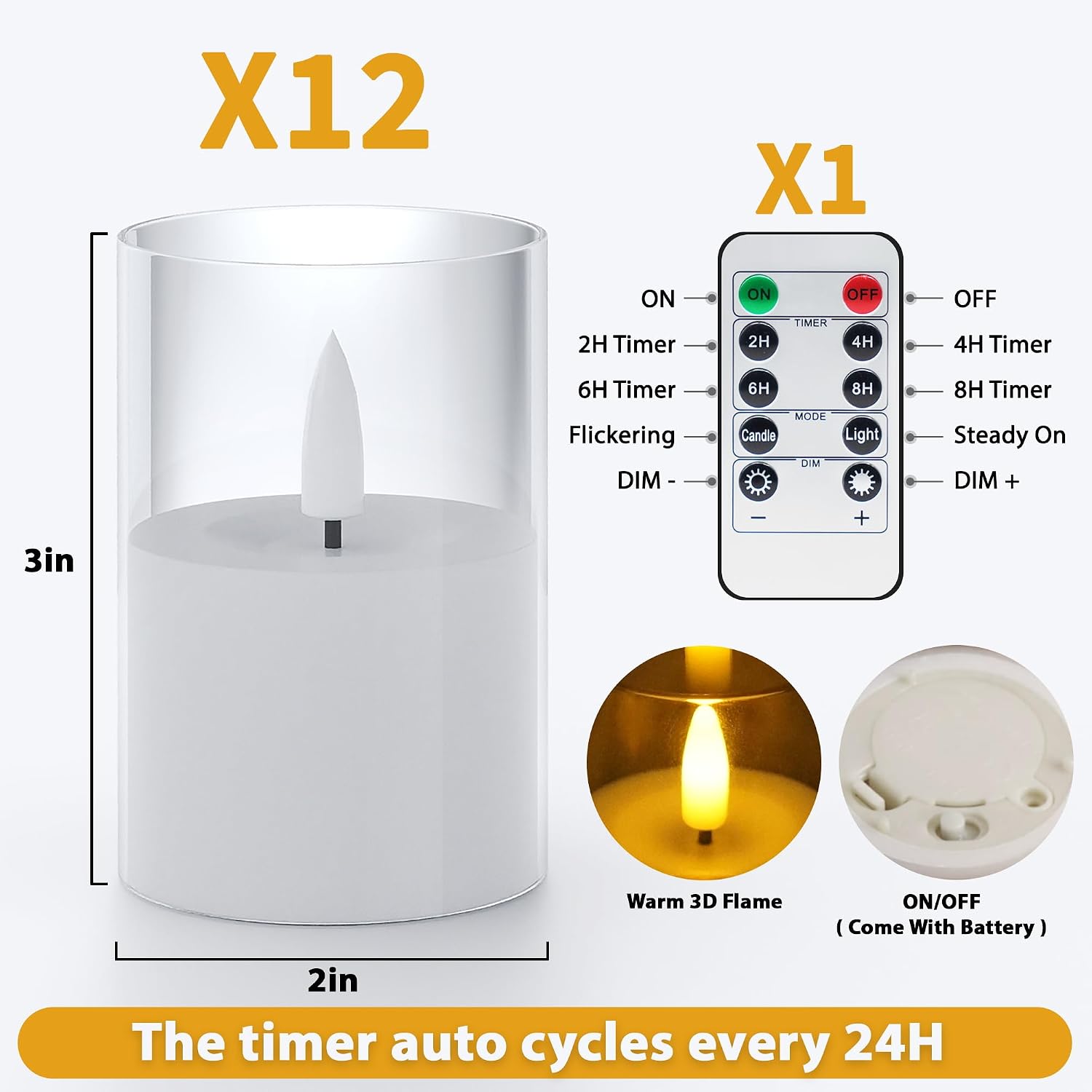 12Pack Flameless LED Candles, Remote & Timer, Battery Powered, Clear, 2"x3" | Small Pillar & Votive Candle with