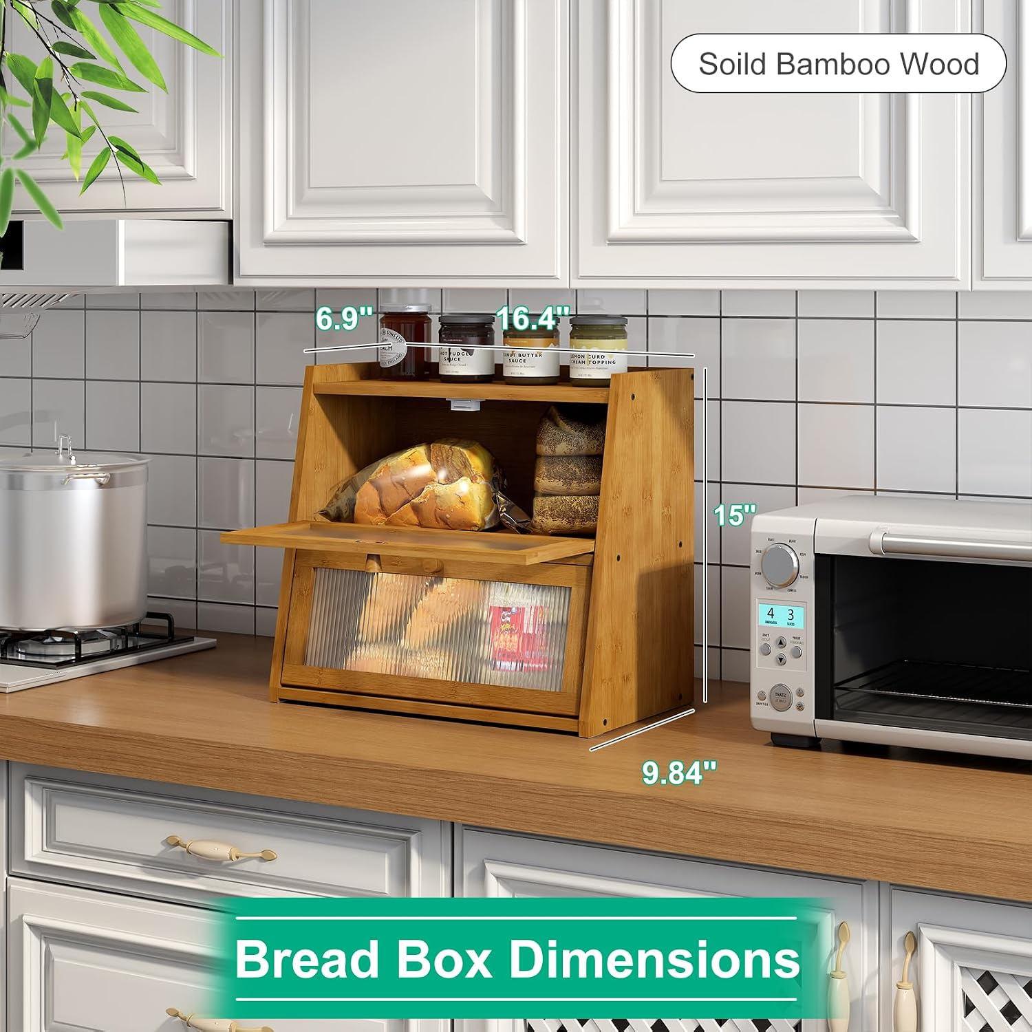 kiplant Bread Box for Kitchen Counter, Double Layer Large Bamboo Wood Bread Box, Bamboo Bread Storage Container with
