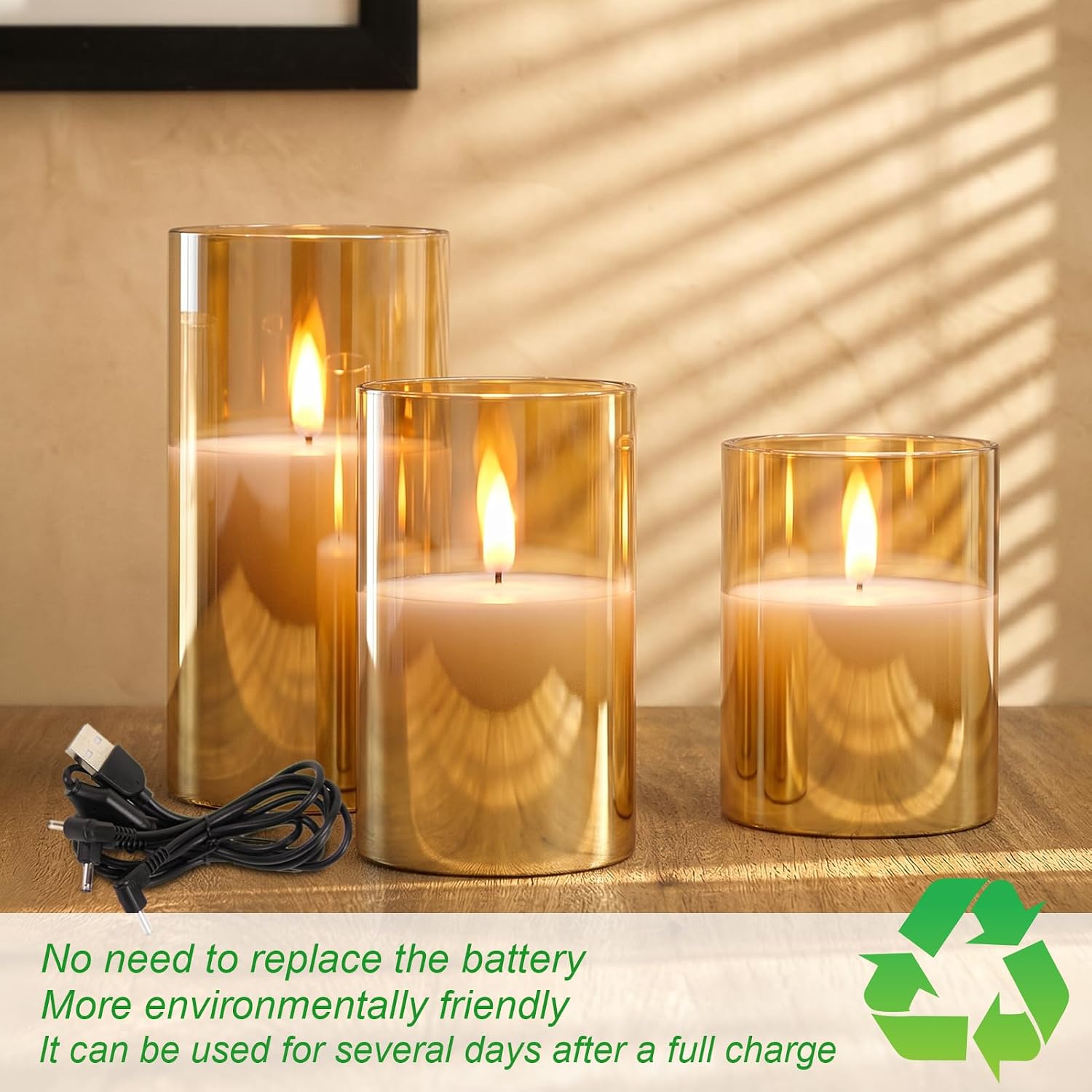 GenSwin Glass Rechargeable Flameless Candles Remote Battery Operated, Gold | LED Pillar Candles, Long Lasting Real Wax