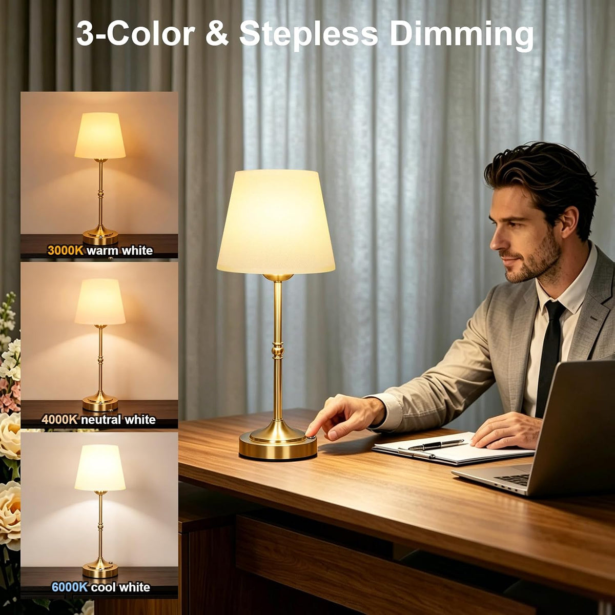 FLY2SKY Rechargeable Gold Cordless Table Lamp,3 Color Dimmable Bedside Lamp | 8H High Runtime,200H+ Low Runtime,LED