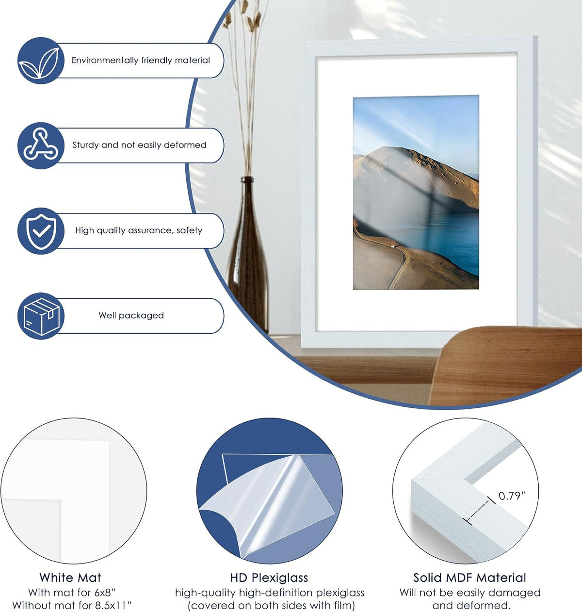 8x10 Picture Frame Set of 6, Wall or Tabletop Display, Blue | Display 5x7 with Mat or 8x10 Without Mat, Horizontal or