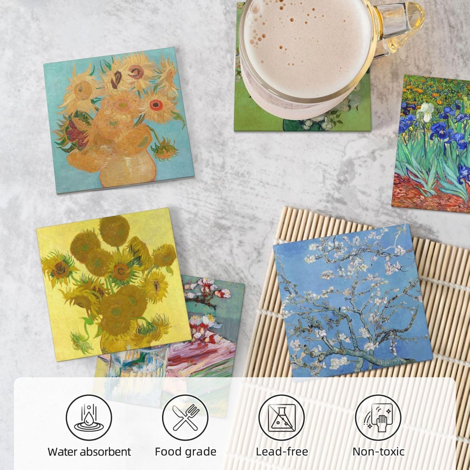 Absorbent Ceramic Coasters for Drinks / Square - Van Gogh - 2 / Set of 6