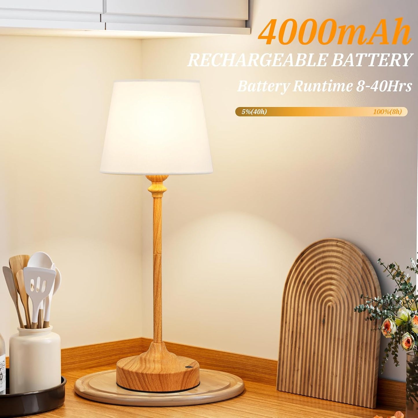 Kakanuo Cordless Table Lamps Rechargeable Set - 2 Pack Wooden 4000mAH Battery Operated Lamps for Decor, 3000K Stepless