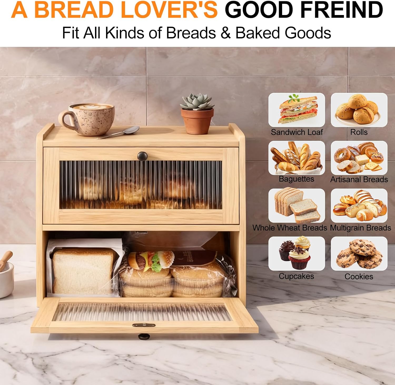 Alpeir Wooden Bread Box for Kitchen Countertop, Large Double Layer, Nature | Food-Safe Pine Wood, Double-Row