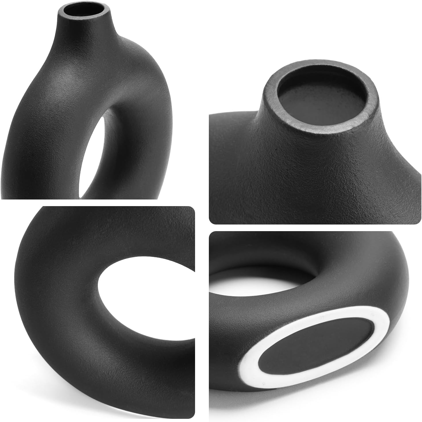 Minimalist Donut Ceramic Vase- Boho Hollow Flower Vases / Large - 9''h / Black / 9 Inch