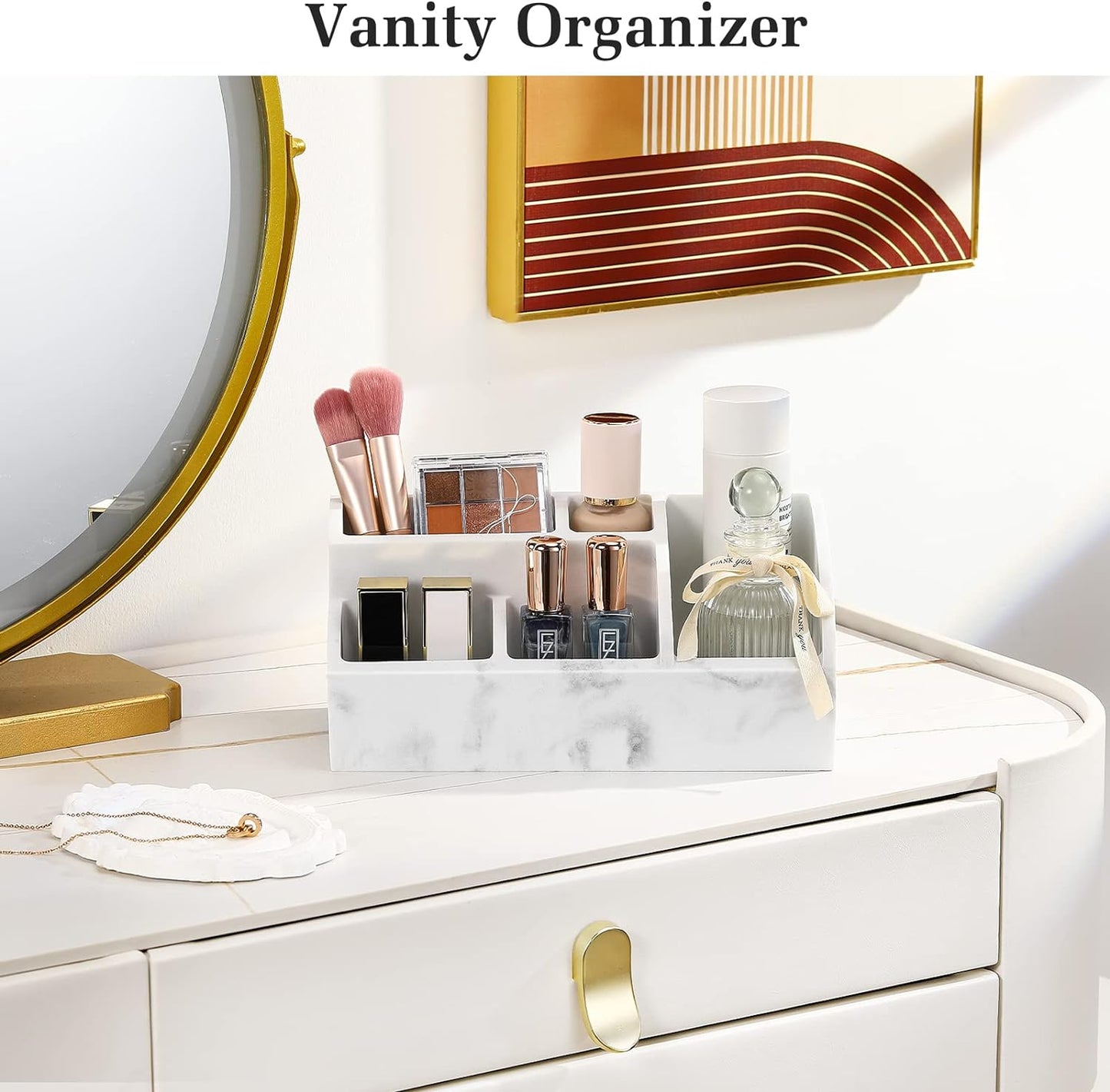 Luxspire Bathroom Counter Organizer, 5 Slots, Gravel White | Toothbrush Holder for Bathroom, Marble Bathroom