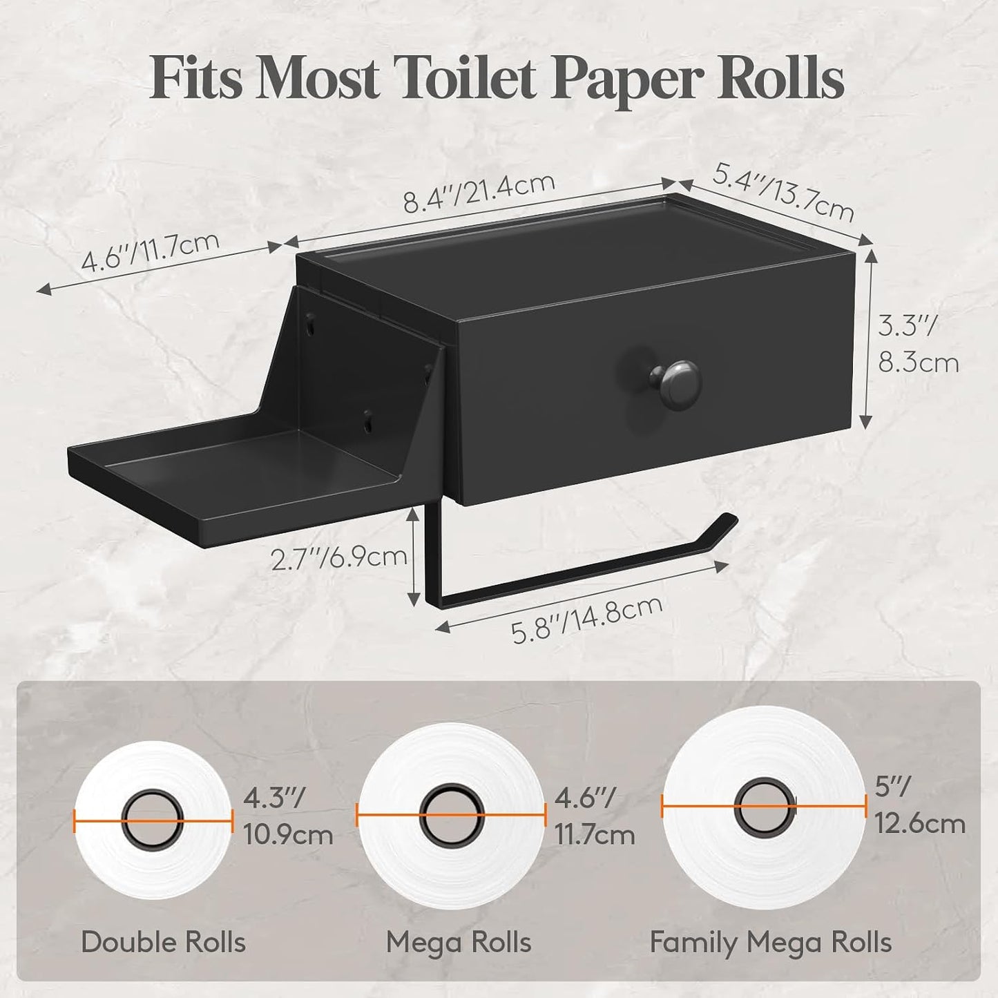 Lifewit Toilet Paper Holder Wall Mount with Shelf & Drawer, Black, 2 Pack | Screw or adhesive installation, sturdy
