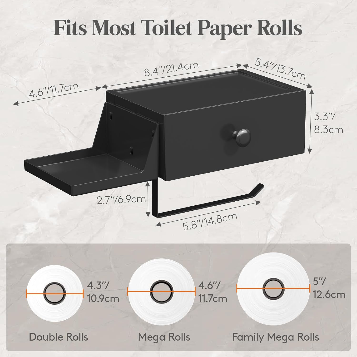 Lifewit Toilet Paper Holder Wall Mount with Shelf & Drawer, Black, 2 Pack | Screw or adhesive installation, sturdy