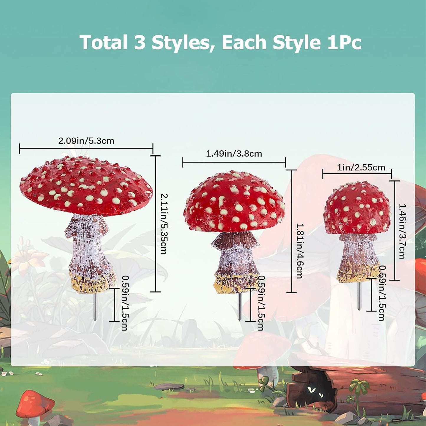 Garden Mushroom Decor Glowing Mushrooms Statue / 53.5 x 25.5 / 37~ ~55mm / Red / Set of 3