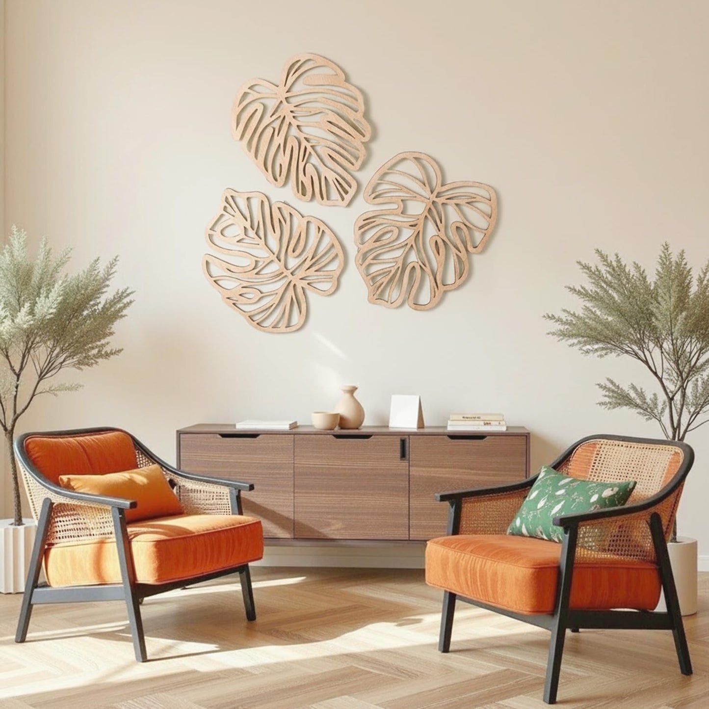 Boho Tropical Jungle Plant Wall Art / Light Brown / Set of 3