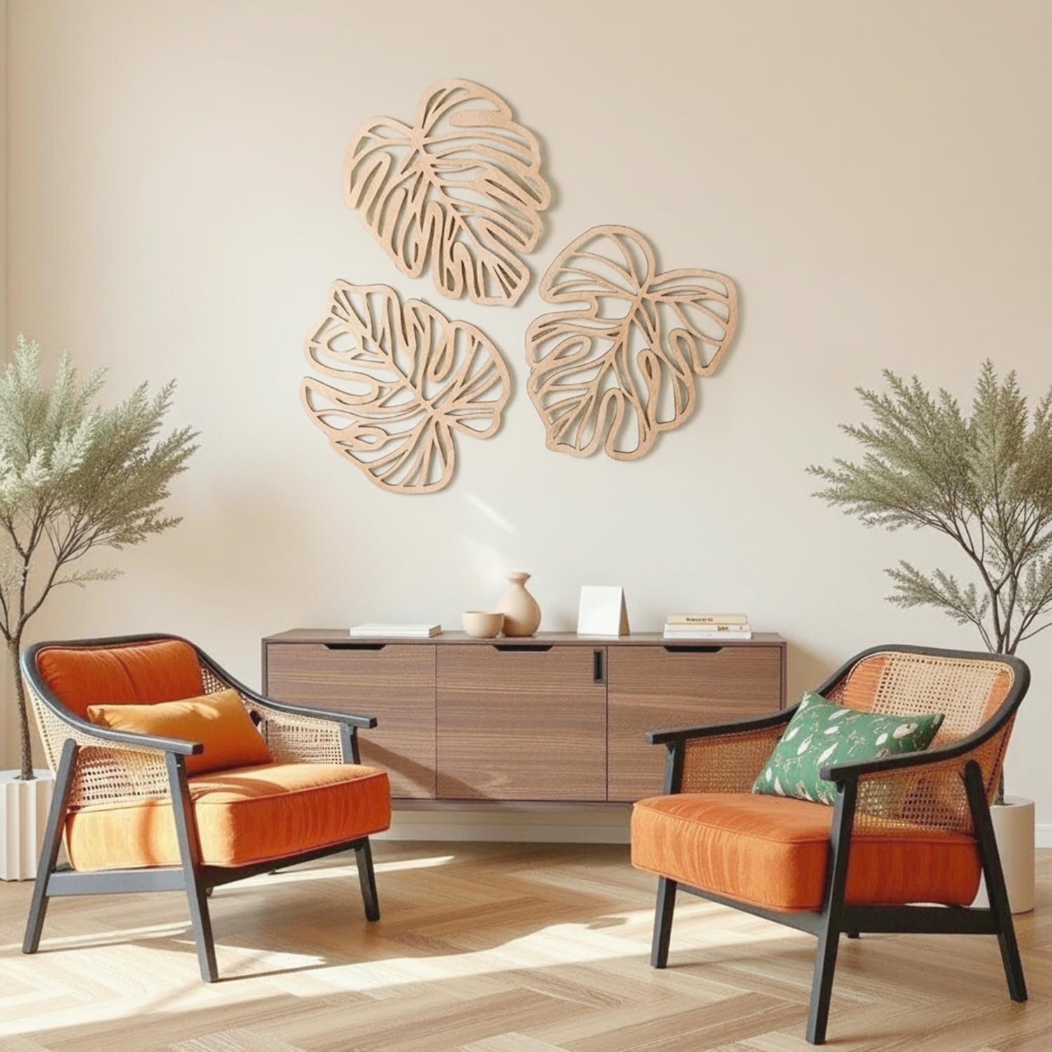 Boho Tropical Jungle Plant Wall Art / Light Brown / Set of 3