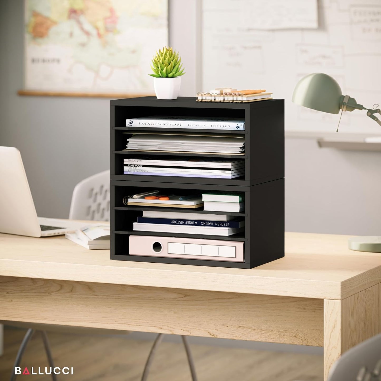Ballucci Paper Organizer, 3-Tier Stackable Wood Desk Organizer, Document File Organizer and Mail Sorter with Adjustable