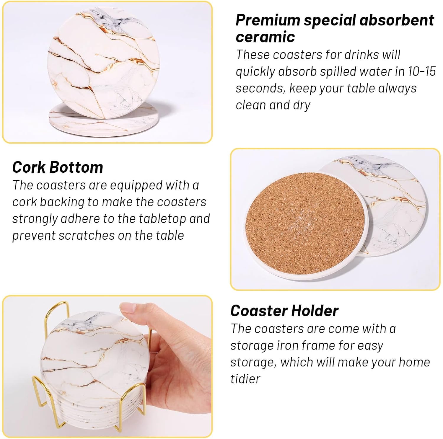 Holder / Ceramic Drink Coasters / Gold White / Set of 9