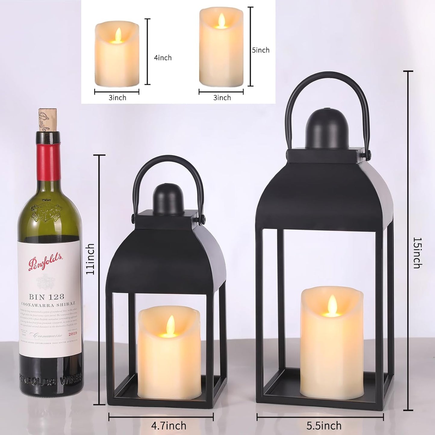 Lanterns Decorative Indoor 15" 11" Set of 2 Black Metal Lantern with Candle | Glass-free Decorative Lanterns with