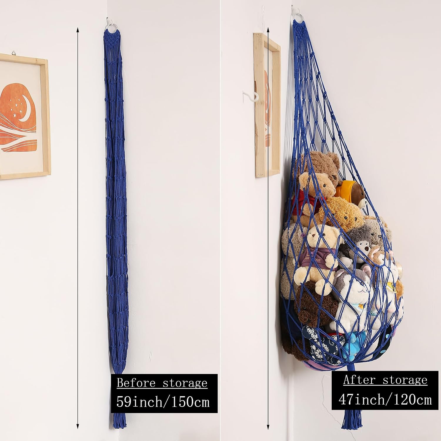 Stuffed Animal Storage Toy Hammock Corner Hanging Net for Stuff Animal Storage Macrame / Blue / L