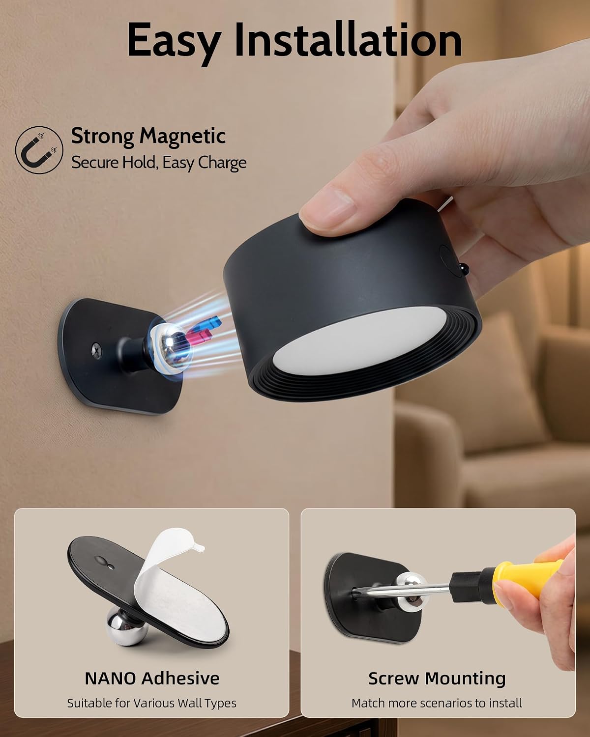 LED Wall Mounted Lights, Rechargeable Wall Sconces, 3 Color Temps, Remote & Touch, 360° Rotating and Dimmable for