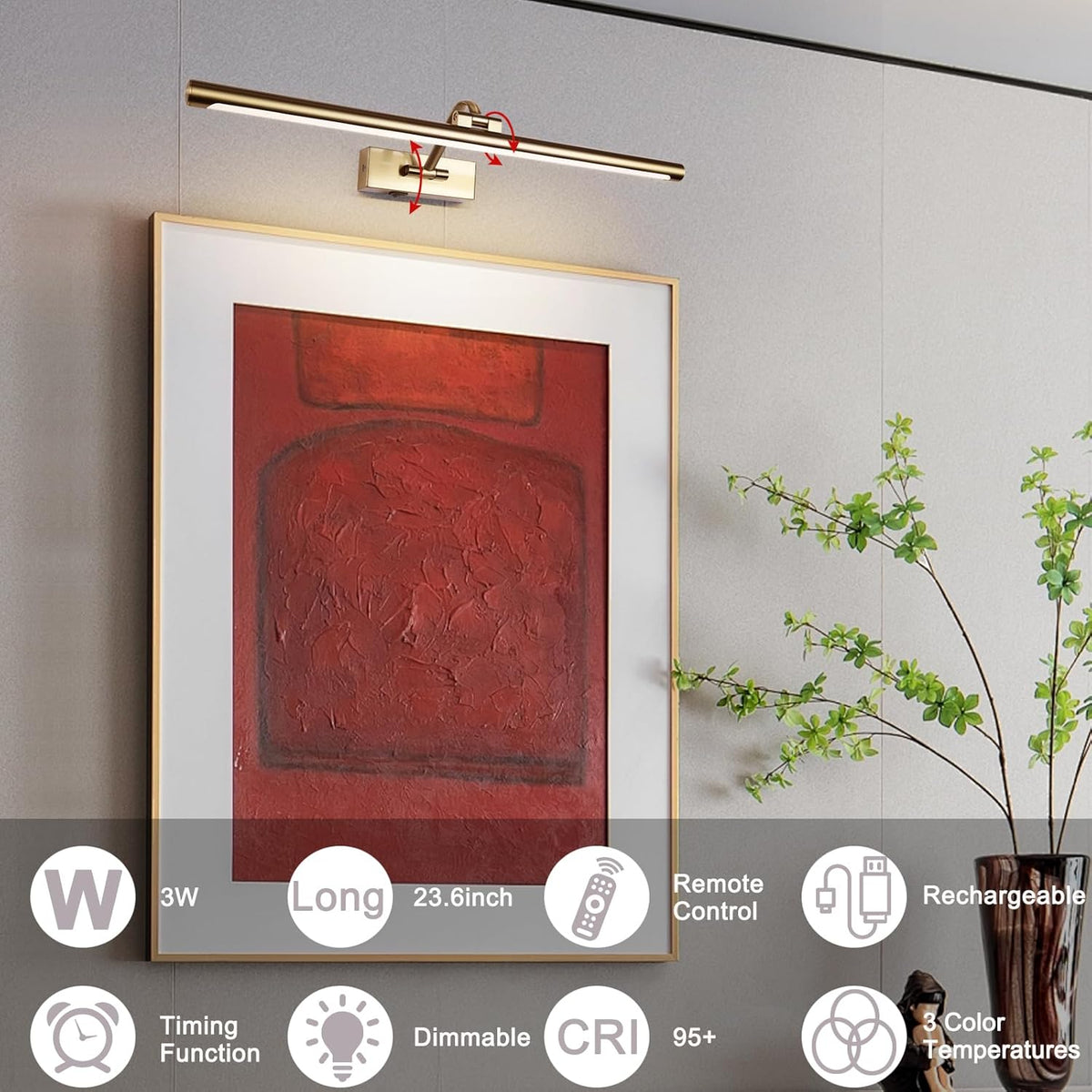 5W LED Wireless Picture Lights with Remote and Timer 23.6 Inch Rechargeable Brass Gallery Lighting Battery Operated Art