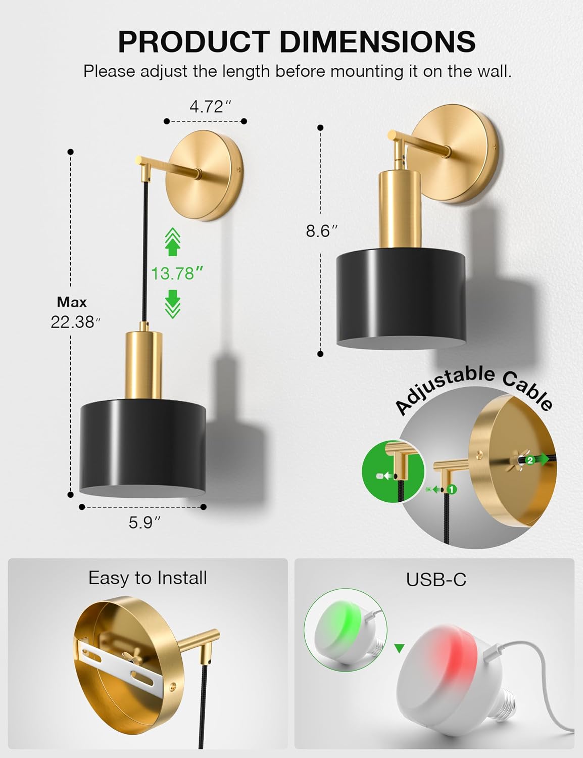 Battery Operated Wall Sconce Set of 2, Gold & Black Wireless Rechargeable Wall Lights with 5200mAh Dimmable Detachable