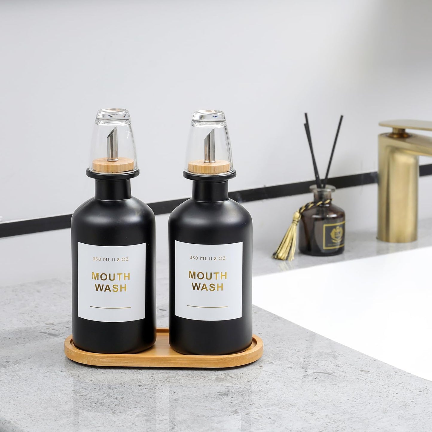 11.8OZ Glass Mouthwash Dispenser, Set of 2, Black | Stainless Steel & Bamboo Nozzle, Reusable Mouthwash Cup, Bamboo