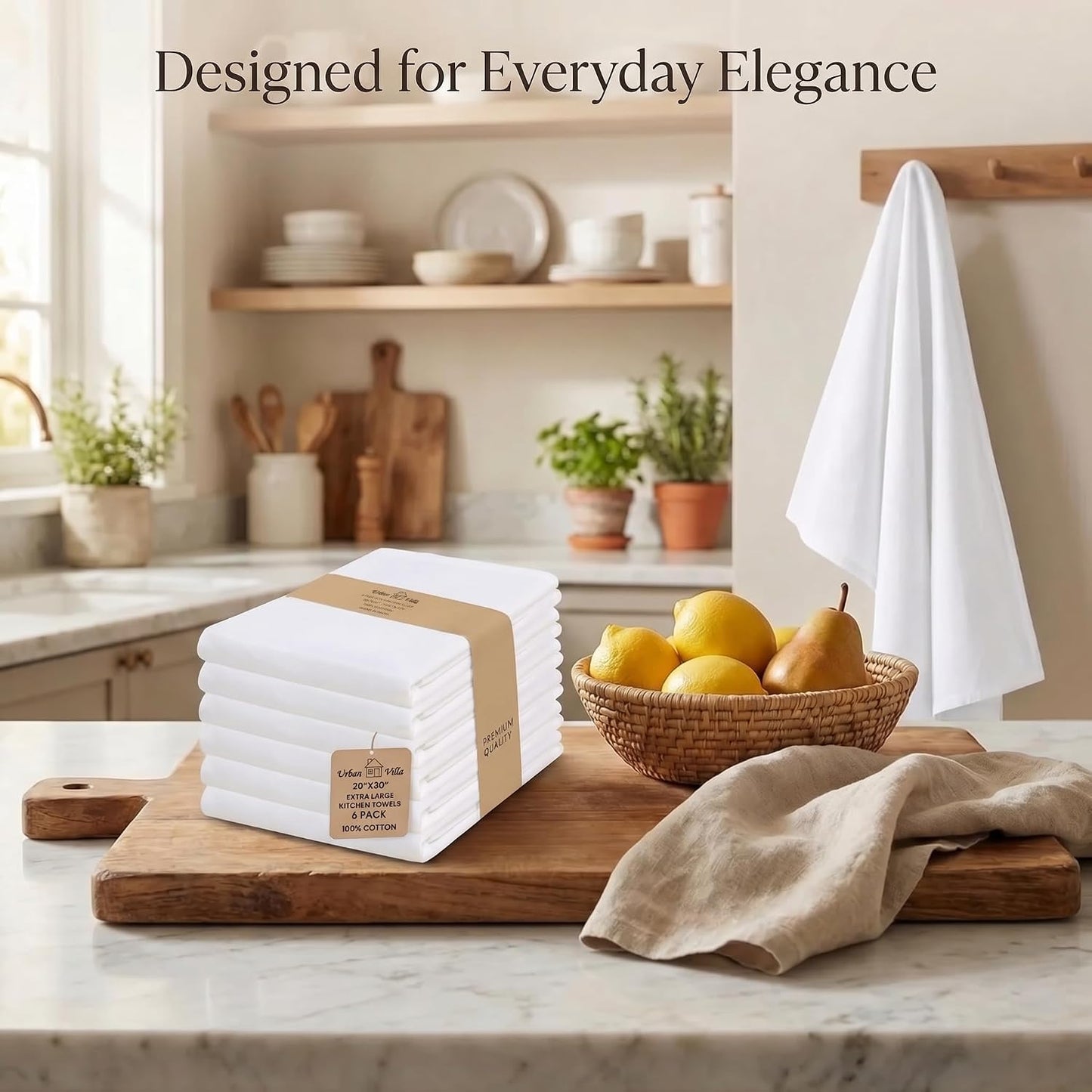 Urban Villa Kitchen Towels Cotton Dish Towels 20”x30” (Set of 6) White