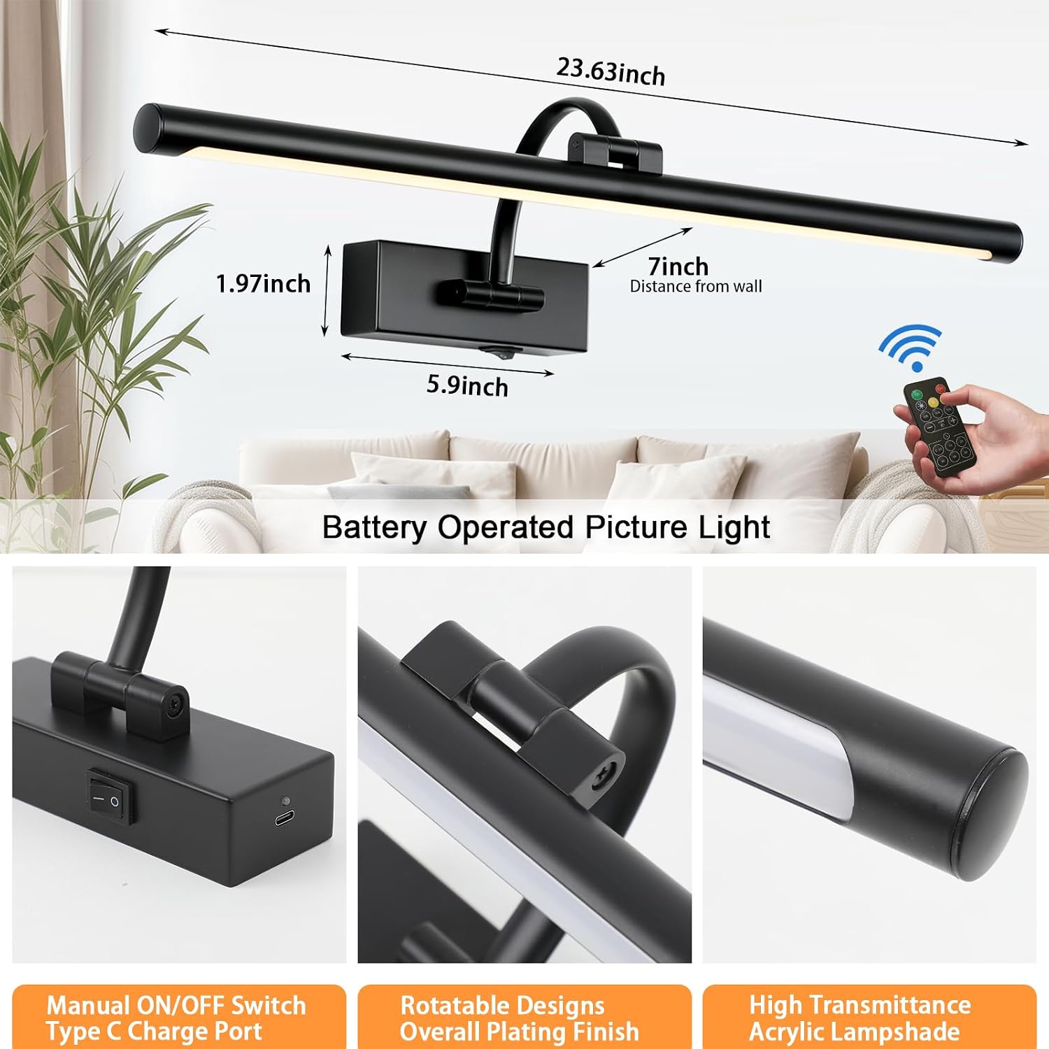 Tassuowell Picture Light Battery Operated with Remote, 3CCT Dimmable Picture Light for Paintings, Black Rechargeable 24