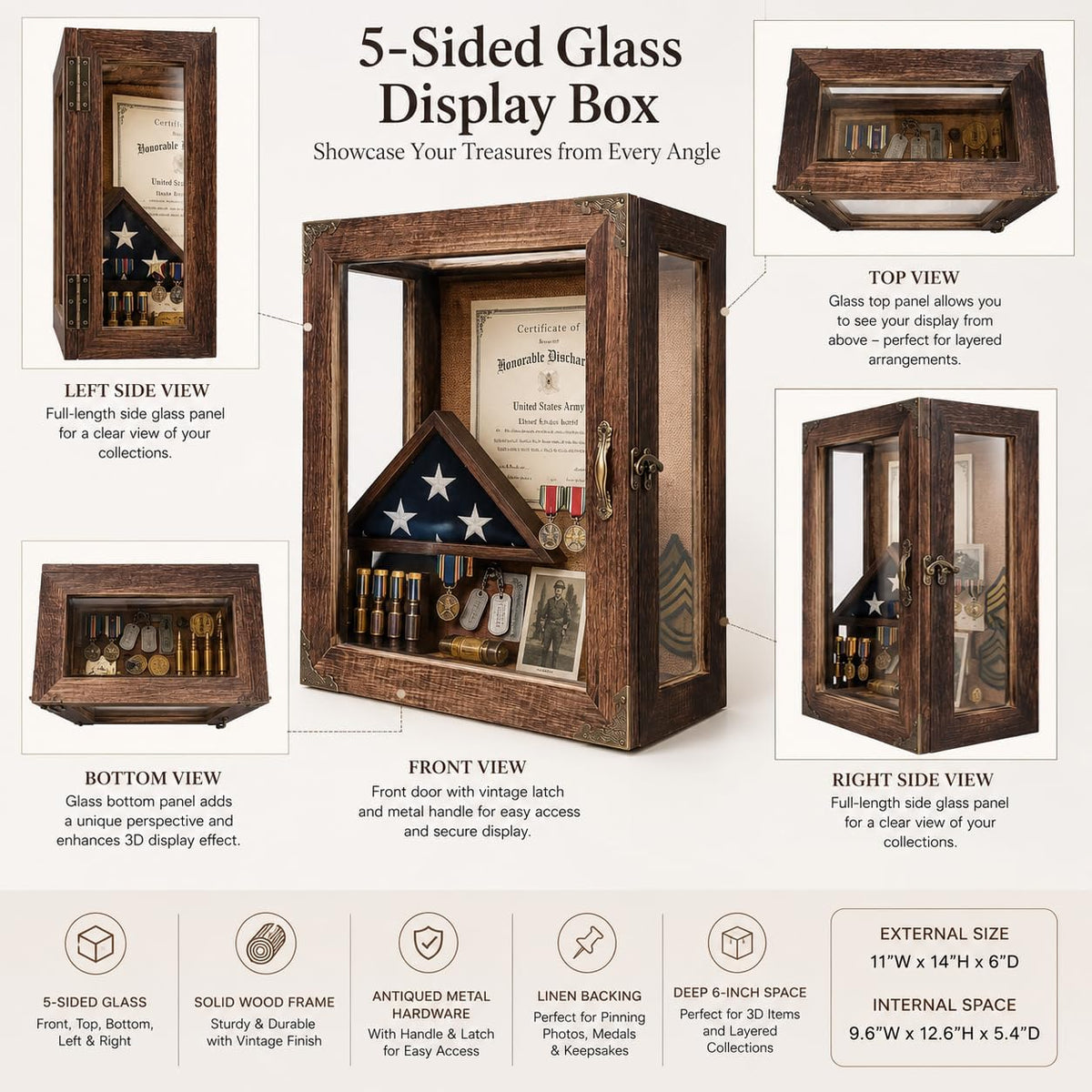 Glass Shadow Box Display Case 11x14, 6.2" Deep 5-Sided Glass Memory Box with Linen Backboard, Solid Wood Shadow Box