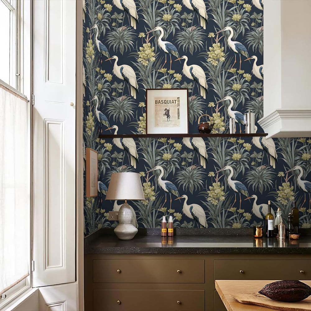 Abstract Modern Crane Birds Tropical Plants Peel and Stick Wallpaper Vintage Wall Paper Stick
