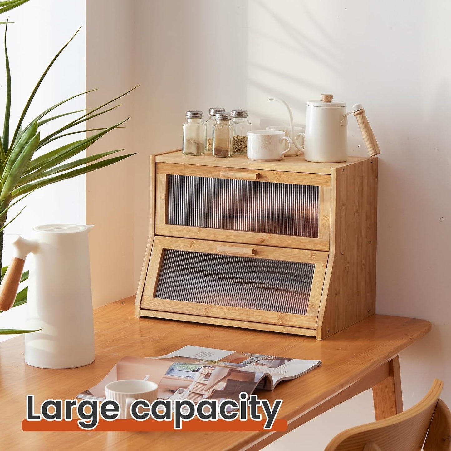 GHWIE Double Layer Bamboo Bread Box for Kitchen Counter,Large Capacity Bread Storage Bin,Bread Container with Acrylic