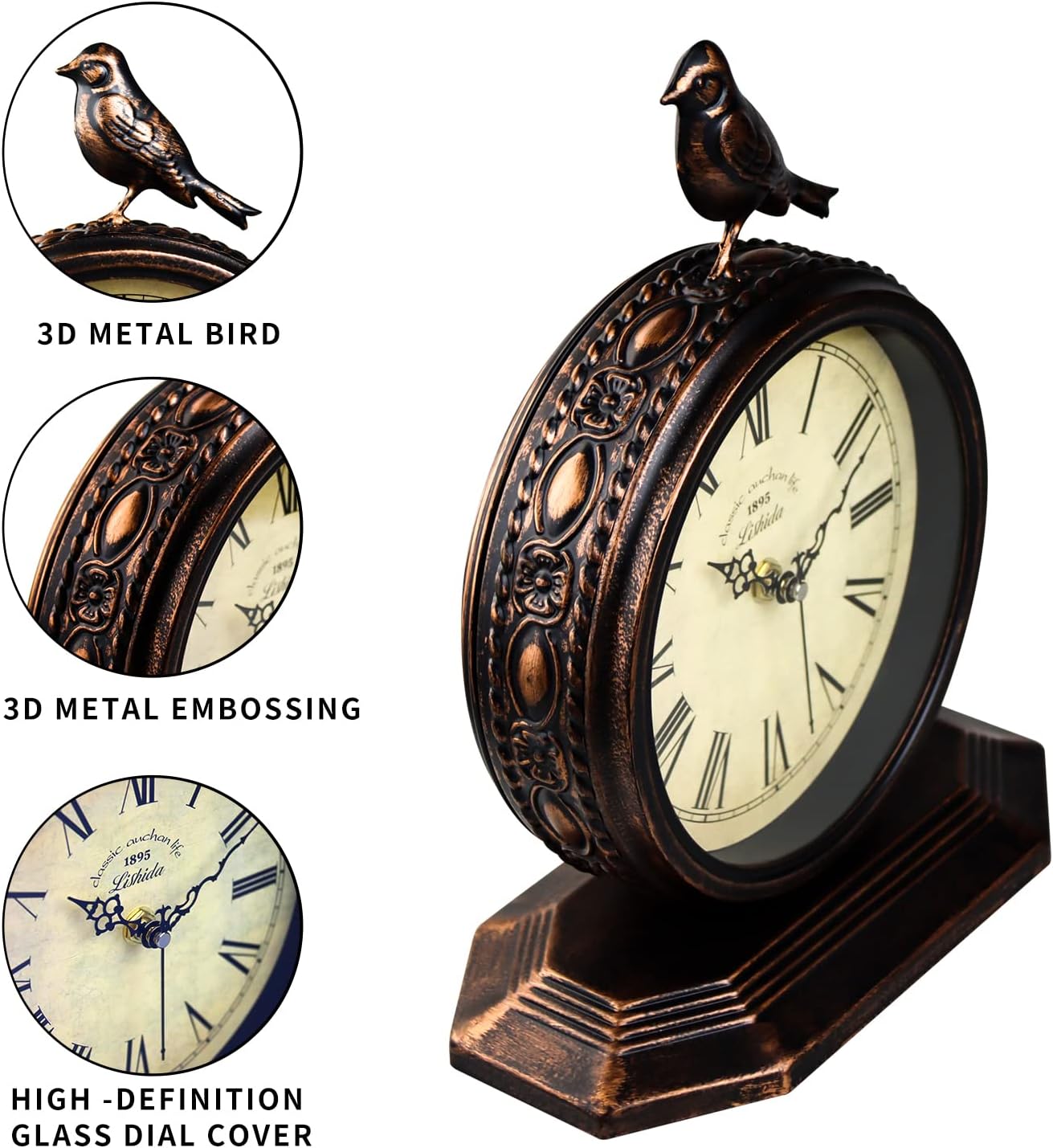 Desk Clock for Bedroom Kitchen Vintage Table Clock Mantel Desktop Farmhouse Tabletop Metal Clock for Office Living Room