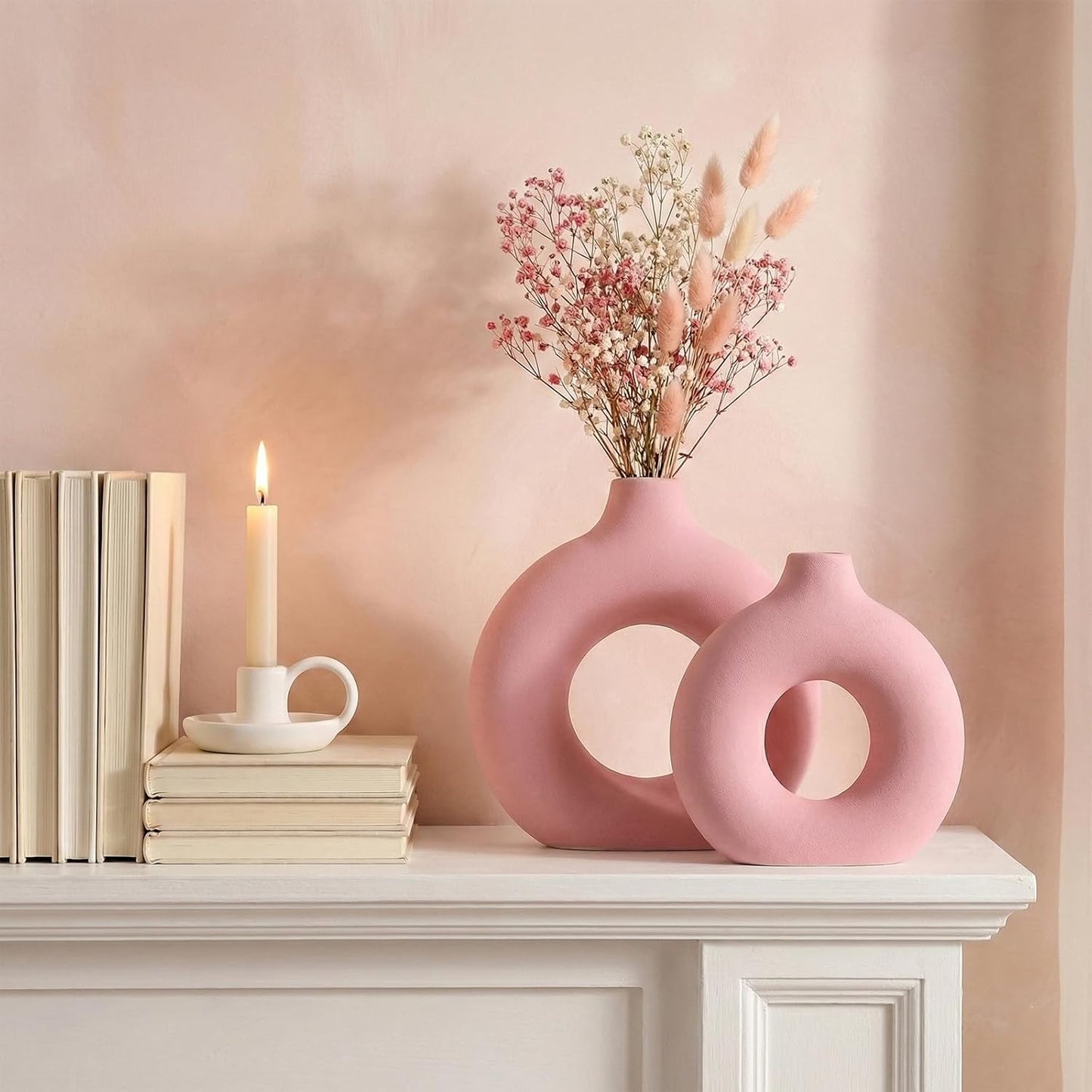 Modern Matte Ceramic Vases for Entryway Living Room Bedroom / Pink / Set of 2