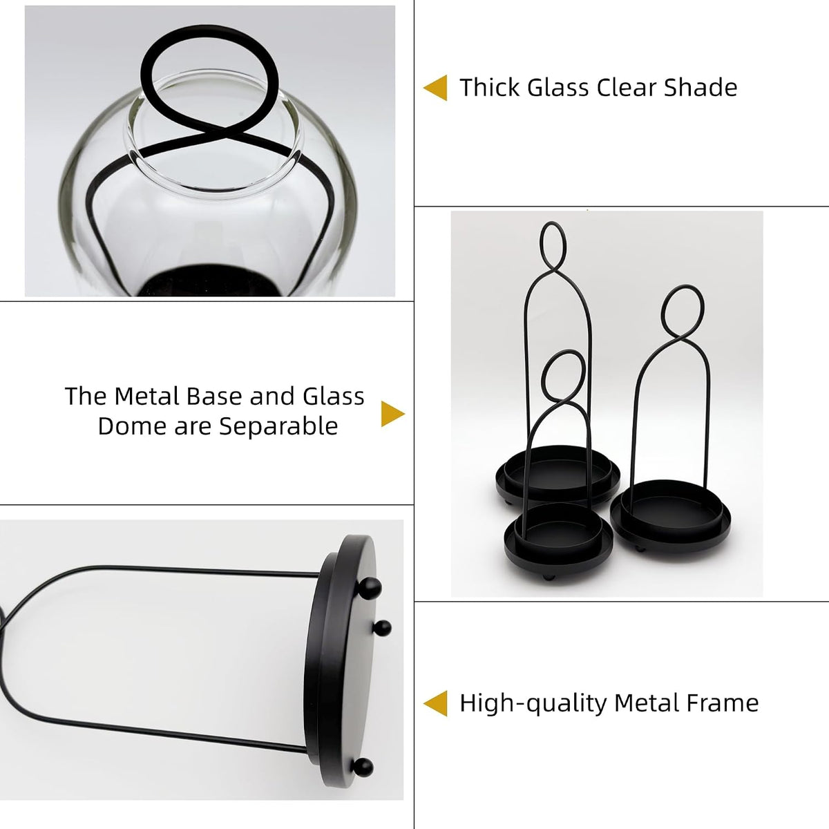 3 Pack Metal Candle Holders with Glass Dome, Black Candlestick Holders Set | 5.5" & 4.7" x 3.9" Wide Versatile