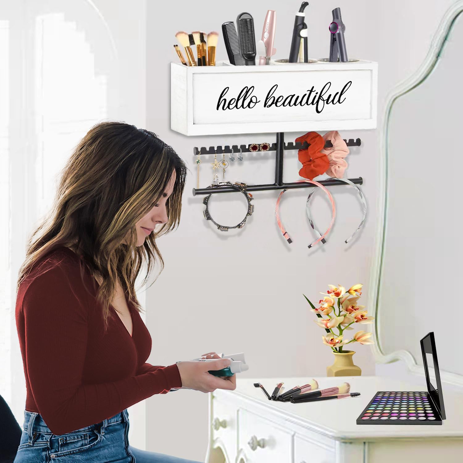 Rustic Hair Dryer Holder Wall Mounted,Hair Styling Tools & Accessories Organizer,Bathroom Supplies & hot Tools vanities