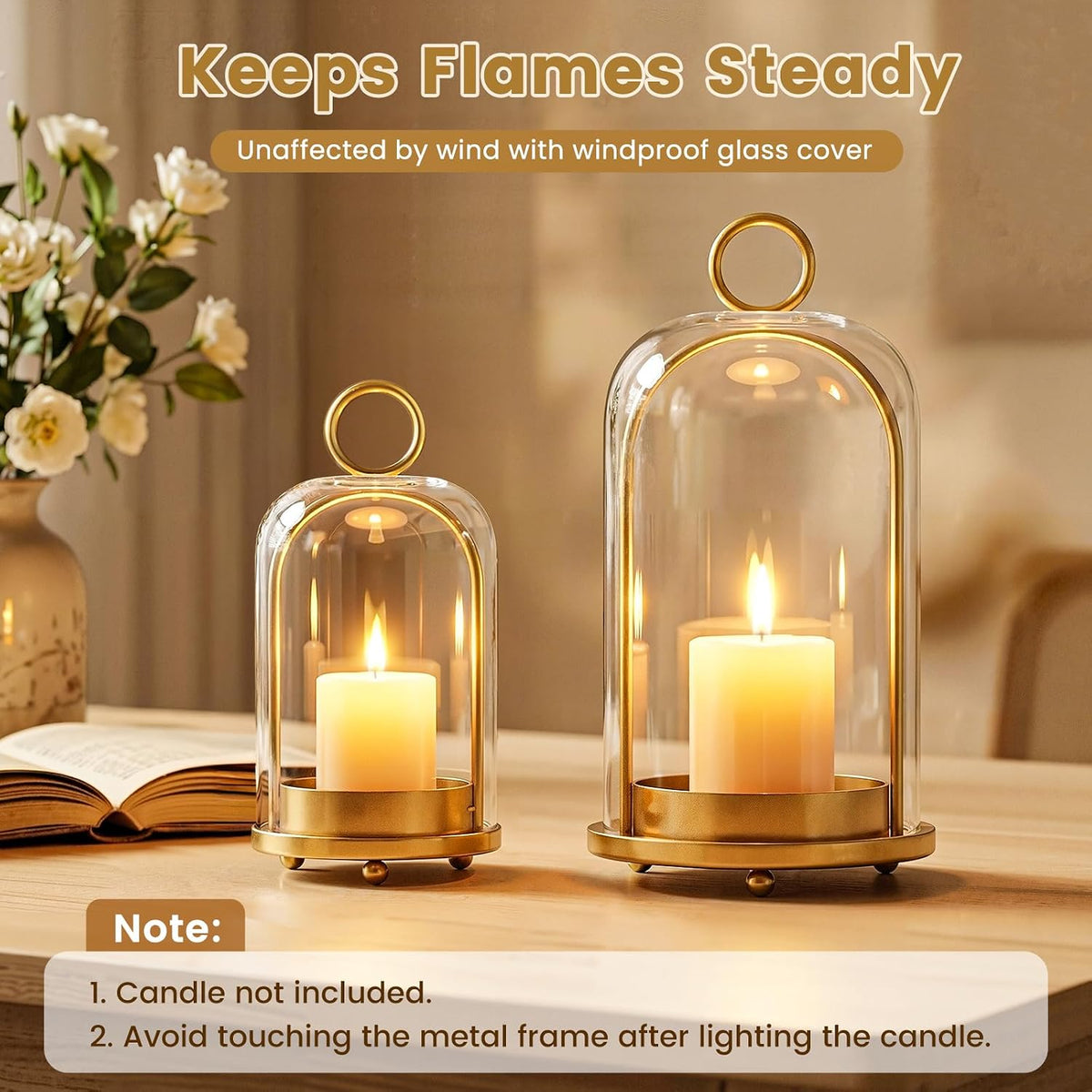 Metal Candle Holder, 5"&4" Wide Hurricane Glass Candle Holders with Handmade Glass Dome, Hanging Brass Candle Lantern