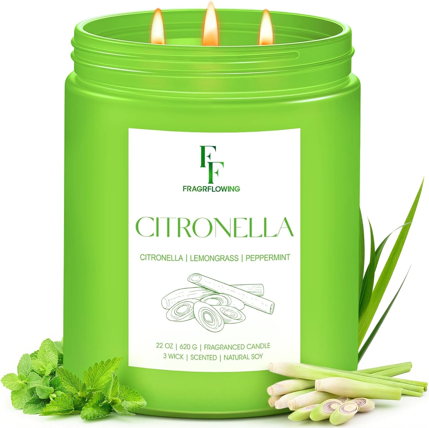 Citronella Large Scented Candle Outdoor Indoor, 3-Wick 22oz Long Lasting Scented Candle, Natural Soy Wax Aromatherapy
