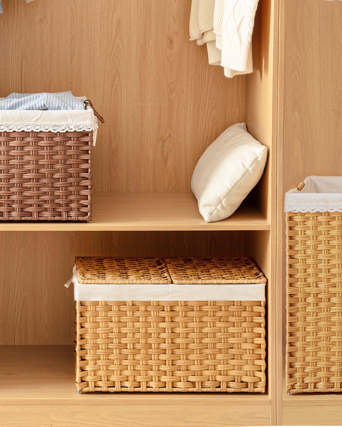 Lid Rattan Woven Storage Baskets / Natural / 65l-22l*13w*13.8h / 22 x 13 x 13.8