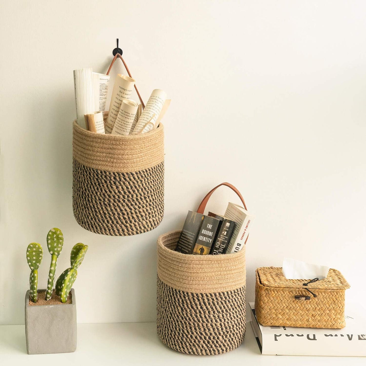 Small Woven Fern Wall Hanging Basket Flower Plants / Jute & Black / 7.87 x 7 / Set of 2