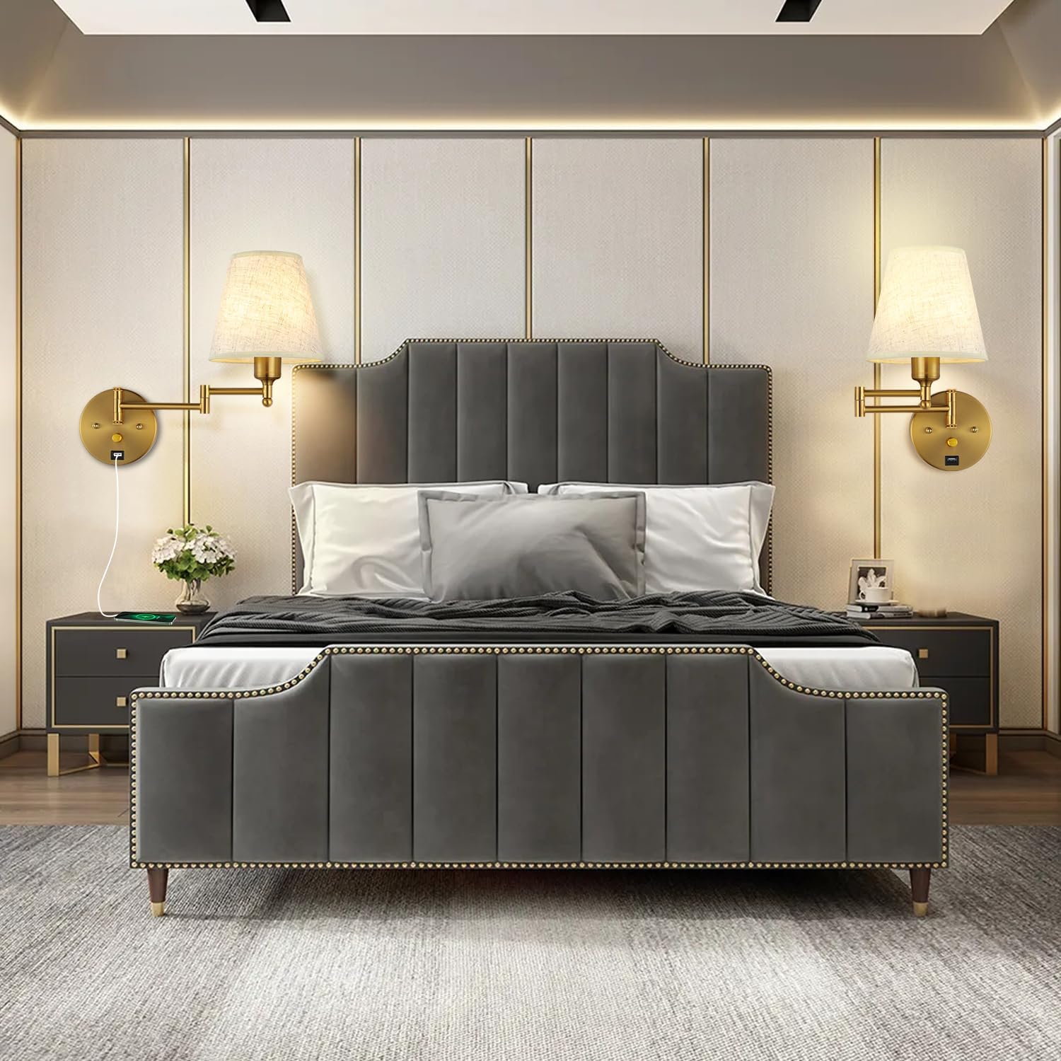 Bedside Wall Mount Light with Dimmable Switch and USB Port, Gold Swing Arm Fabric Shade Wall Sconce Light with Plug in