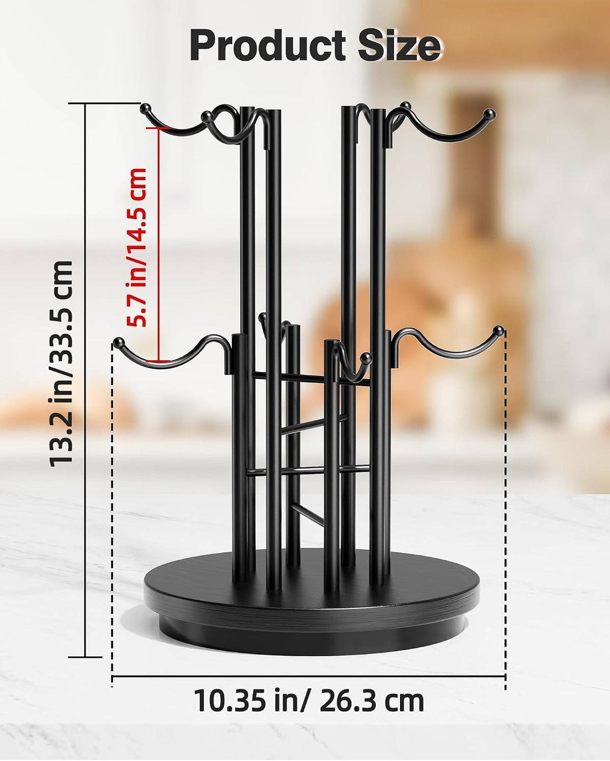 8-Hook 360° Rotating Large Coffee Mug Tree for Counter, Wood Base, Black | 360° rotation, 8 mugs (12-16oz), 5.7"